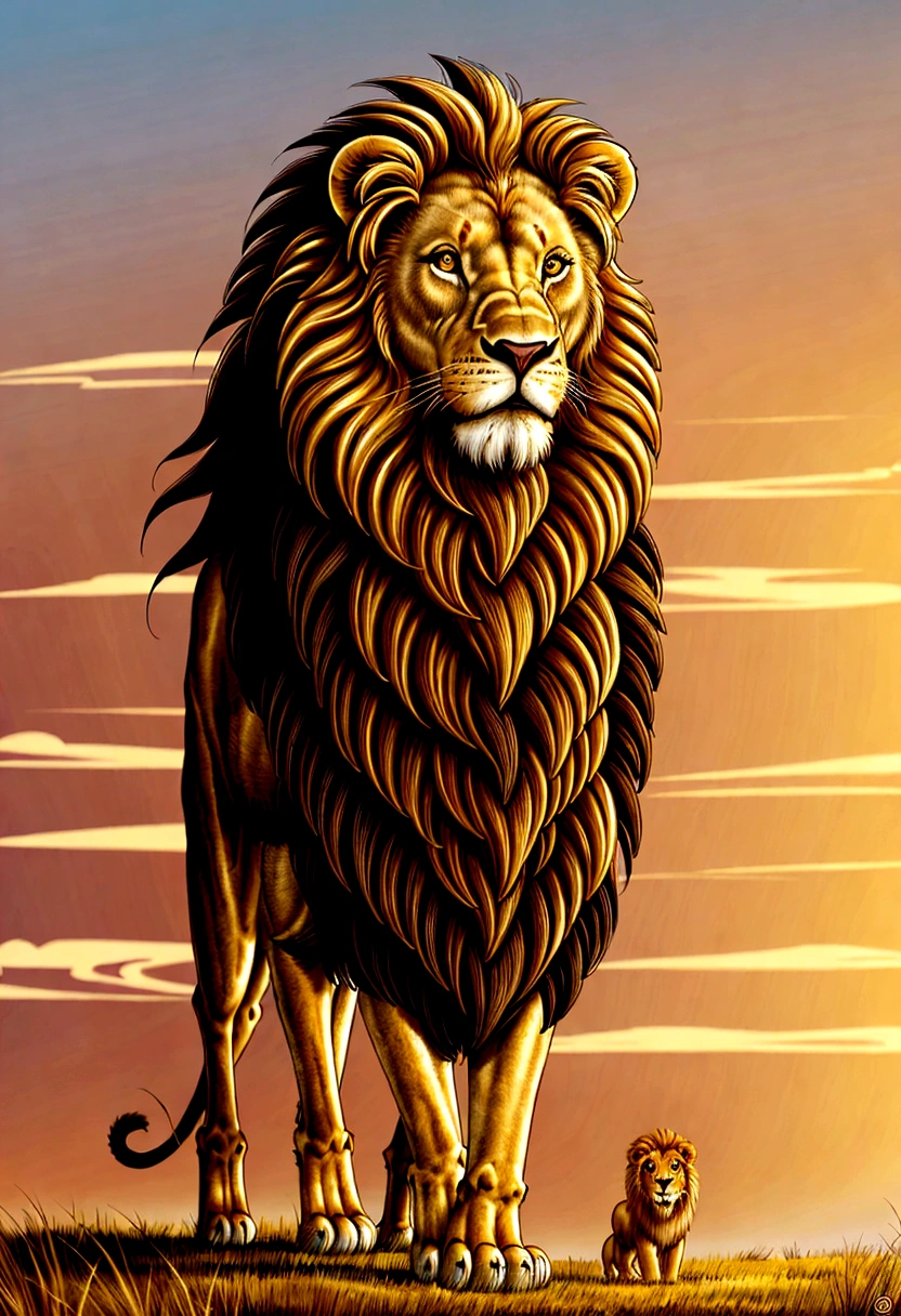Create an illustration of a Lion, brave lion, main character of the story. Draw a young and friendly lion with a golden mane., Standing in the African savannah with a determined look.