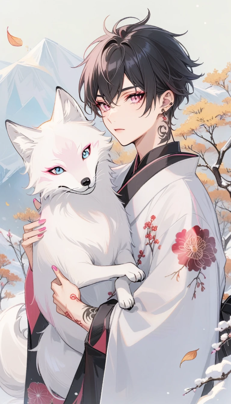 arctic fox, Pink Eyes, Tattoo, 子宫Tattoo, short hair, Black Hair, Men's sweater, Sissy, Bisexual men, hairy, of the night city, Glowing eyes, no feeling, Long Tail, collar, masterpiece, puppet, Batwing, Shy, White headphones, Fox Tail, Top quality, nuclear, slime nuclear, White body, Name: Snow, Fox Tail, Black tail, Fox, 2 boys(Snow Fox), boy, Open coat,