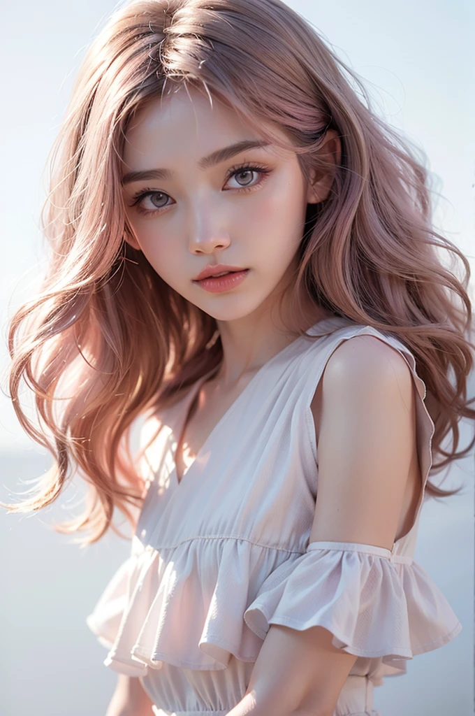 Light pink hair, Pink Eyes, Pink and white, Vibrant colors, White Dress, Paint splashes, Simple Background, Ray Tracing, Wavy Hair