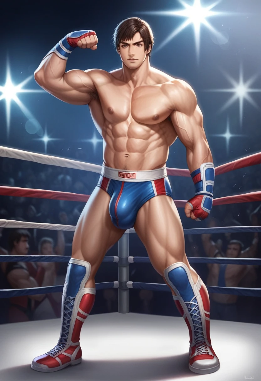 独奏, male, male focus, King_tekken8, King from Tekken, muscular male, Wrestling outfit, realistic skin, nipples, veins, handsome, detailed, detailed muscles, detailed eyes, detailed body, full body, masterpiece, cinematic, photorealistic, realistic, beautiful, Ultra-realistic, 8K, lighting, dramatic lighting, centered, standing, flexing, pose, ((Wrestling Ring)), ,(Huge bulge:1.3)