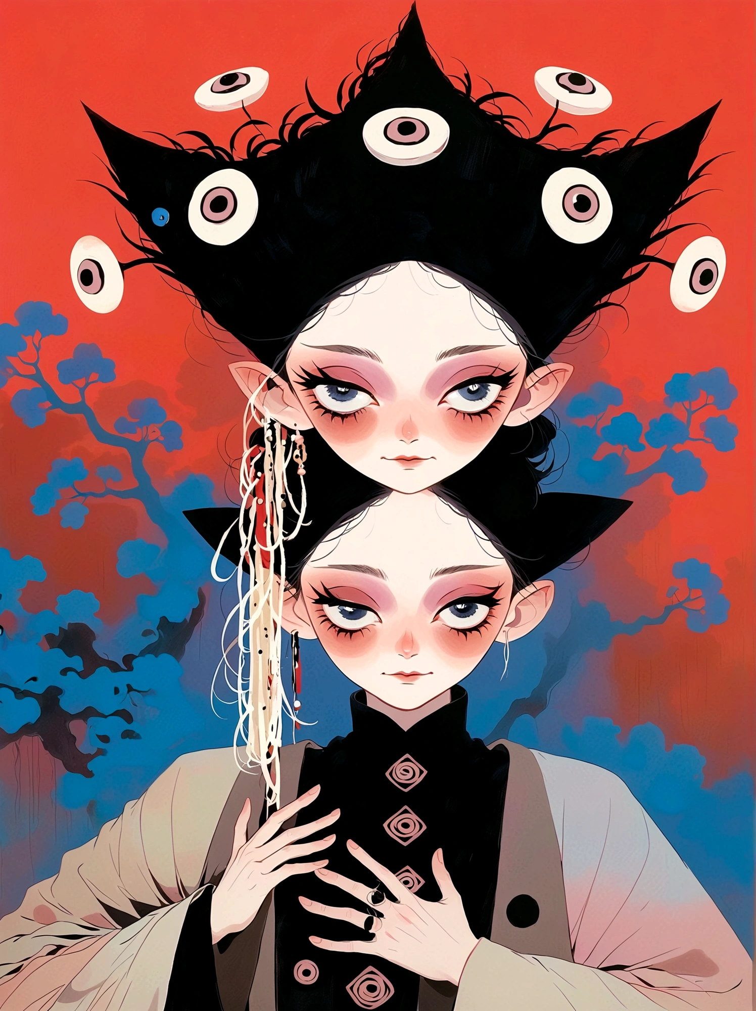 3 eyes,girl,Many eyes on a tall hat,Japanese clothing,Japanese horror style Japanese pop surrealism, author:Yukika Kosaka, Nguyen Gia and Joao Nguyen,
