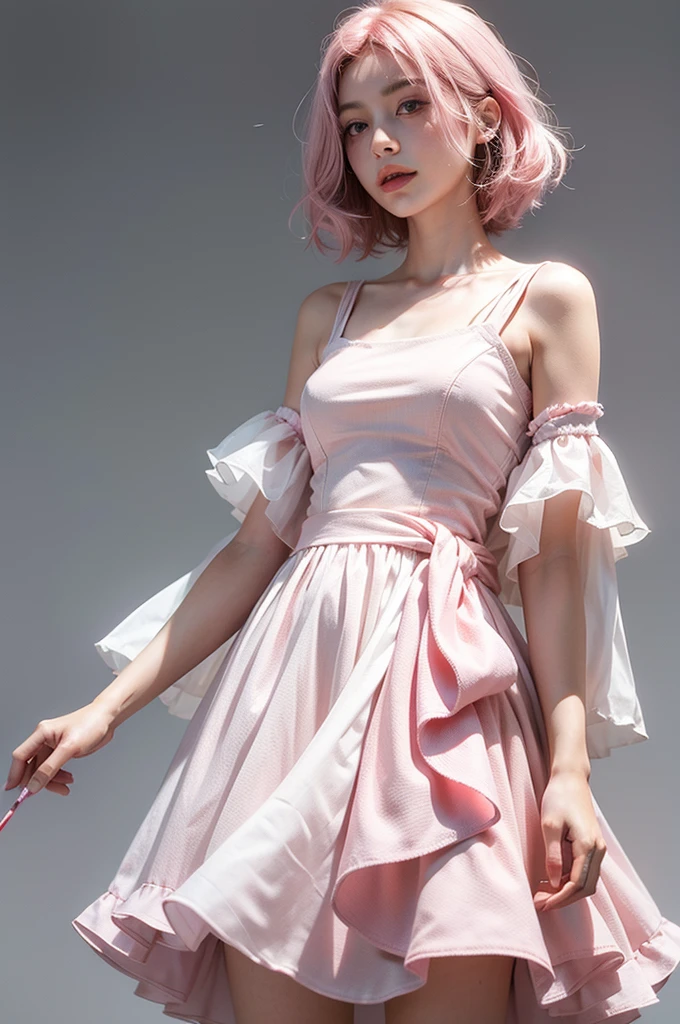 Light pink hair, Pink Eyes, Pink and white, Vibrant colors, White Dress, Paint splashes, Simple Background, Ray Tracing, short hair