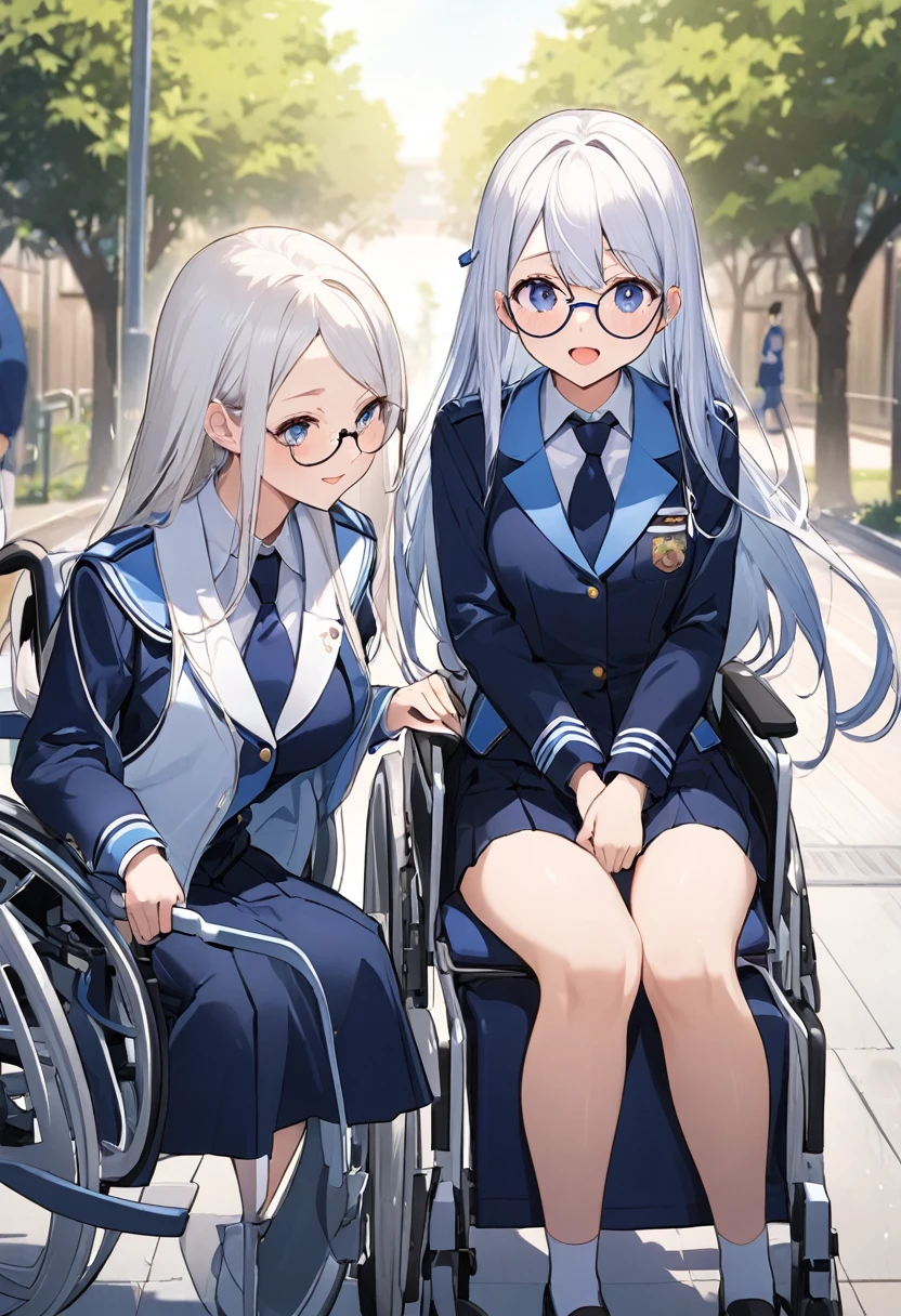 girl(Round Glasses、uniform(Navy Blue、Short skirt)、wheelchair、White long hair、School