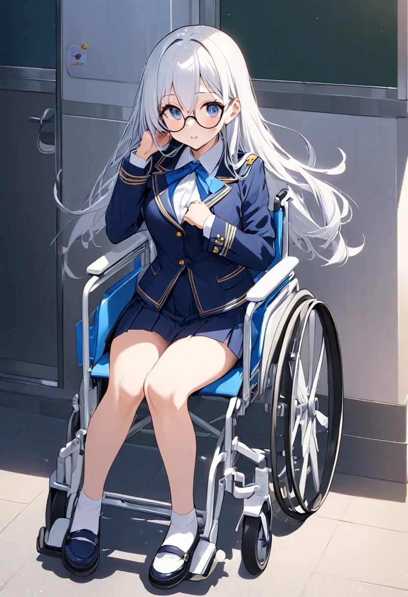 girl(Round Glasses、uniform(Navy Blue、Short skirt)、wheelchair、White long hair、School
