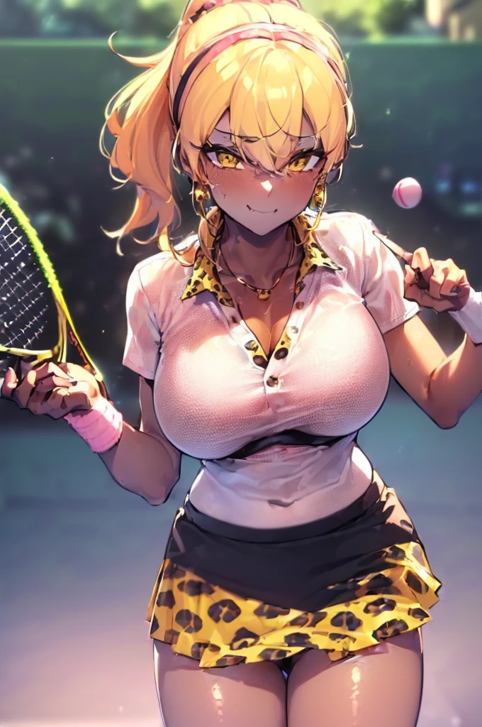{masterpiece, distinct_image, extremely detailed CG, beautiful eyes and detailed face,realistic, photo realistic, 4k, 8k, high_resolution,perfect_finger, (beautiful_detailed_eyes:1.3), glitter, white_light, (glow_white_face, front_light:1.3), summer_light{1girl, face_focus,cowboy_shot, looking for_in_viewer, standing, hand_on_own_cheek, (piece sign pose:1.6) },{adult, (huge_breasts, wide_hip:1.3), navel, skinny_stomach,tight_gap, groin, (narrow_waist:1.2), skinny_stomach, (white_short_sleeve_Cropped_top_button_shirt, tied_the_ends_of_the_shirt, sky_blue_short_tennis_skirt, school_uniform, cleavage, (The_most_perfectly_hidden_yellow_leopard_print_bra_in_a_white shirt:1.7),(The_most_perfectly_hidden_yellow_leopard_print_panties_in_sky_blue_short_tennis_skirt:1.7), (tanning_skin, black_skin:1.6), pink_nails, gold earrings, black neck choke, white collar, golden bracelet :1.5),(yellow_hair, pink_eyes, long_hair, ponytail, slanted_eyes, bangs:1.4), (smiling face:1.3), sweat, Leave the background blank}