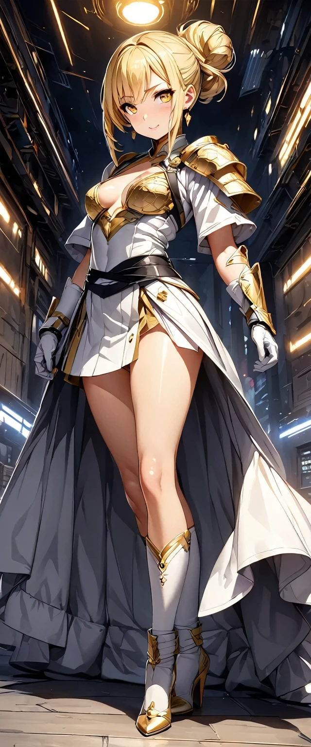 (Perfect Anatomy)、Mastepiece、Ultra High Quality、 8K、masterpiece、Highest quality、Ultra-high resolution、Maximum resolution、Very detailed、Professional Lighting、anime、woman、thin、so beautiful、Highly detailed eye、Highly detailed face、Golden earrings、Blonde, hair bun, Yellow Eyes、Mid-chest、White dress armor, full body, gold pattern, white super long boots, white long gloves, female martial artist, high heels, white arm armor, white cute headgear