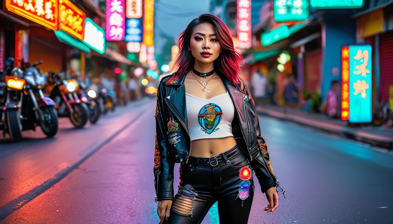 A woman Wearing a rocker style outfit, standing in the middle of the street. striking a cool pose., on the streets of Yaowarat china town in thailand, On an empty road, no people., The background is a road with colorful neon signs. in the night, has a follow light shining on his body., wide angle photography. bright colors, high contrast., Extreme detailed 32K realistic image, street photo