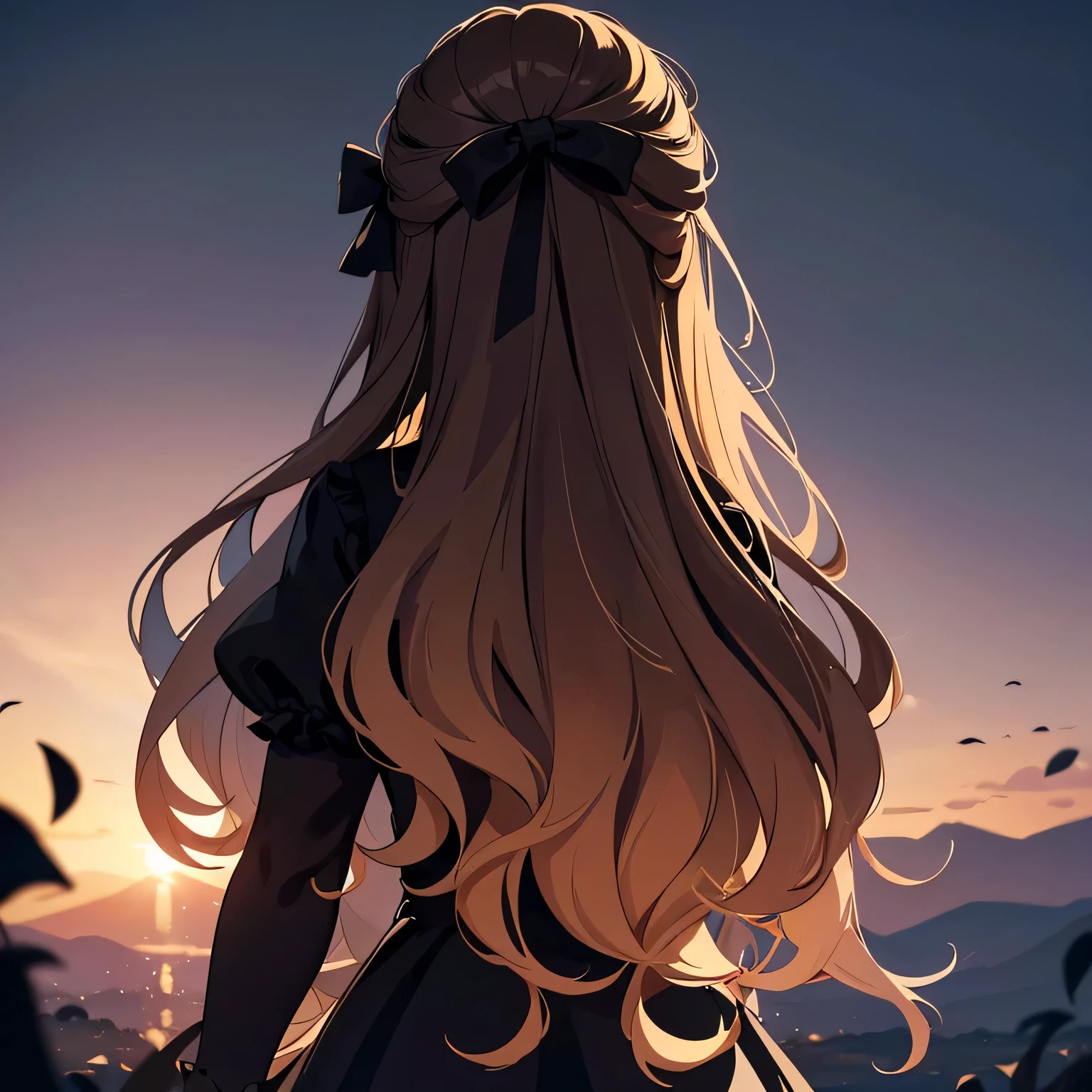 "A digital illustration of a girl viewed from behind, with long wavy brown hair. She is wearing a black dress and has a black bow in her hair. The background is a light, soft gradient, creating a calm and elegant atmosphere. The art style is gentle and clean, with attention to detail in the hair and bow."
