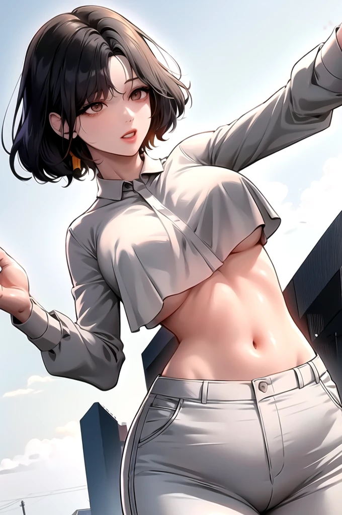 black hair,yellow eyes,(high quality eyes),masterpiece, best quality, high quality, highres, outdoors, looking at viewer, white shirt, crop top, midriff, navel, white pants, Jenny, tall female,big breasts, tassel earrings,
Red lipstick,