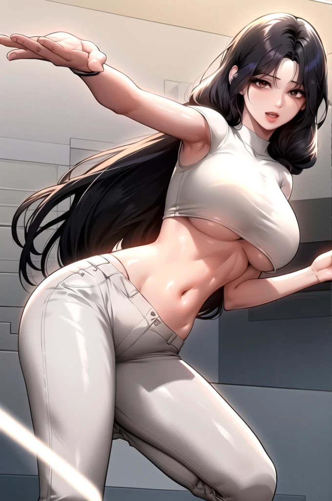 black hair,yellow eyes,(high quality eyes),masterpiece, best quality, high quality, highres, outdoors, looking at viewer, white shirt, crop top, midriff, navel, white pants, Jenny, tall female,big breasts, tassel earrings,
Red lipstick,