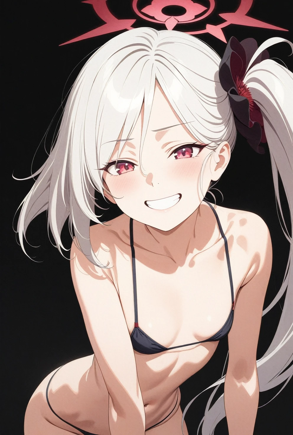 best quality, amazing quality, very aesthetic, absurdres, (1girl, mutsuki, blue archive, solo, red eyes, white hair, side ponytail), (realistic face), (grin, lowleg bikini, ), (cowboy shot), , (half closed eyes:0.7), (thigh), expressive eyes, 4k, extremely detailed anime illustration, extremely detailed eyes, enhanced details, perfect anatomy, light rays, photo background, extremely delicate body, smooth skin, feminine expression, (black background:1.5), cristal clear eyes, beautiful face, small breasts