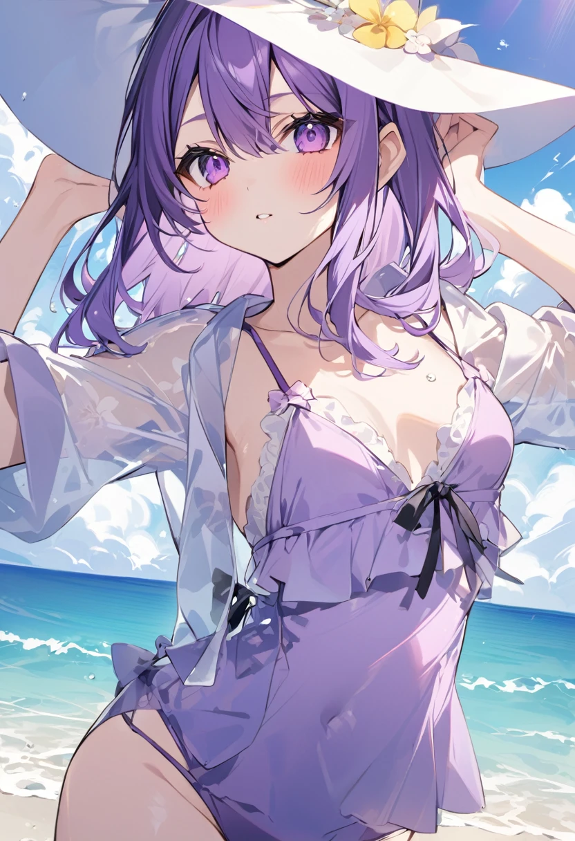 Keito。Purple Eyes。Purple Hair。Purple Swimsuit。Ocean。