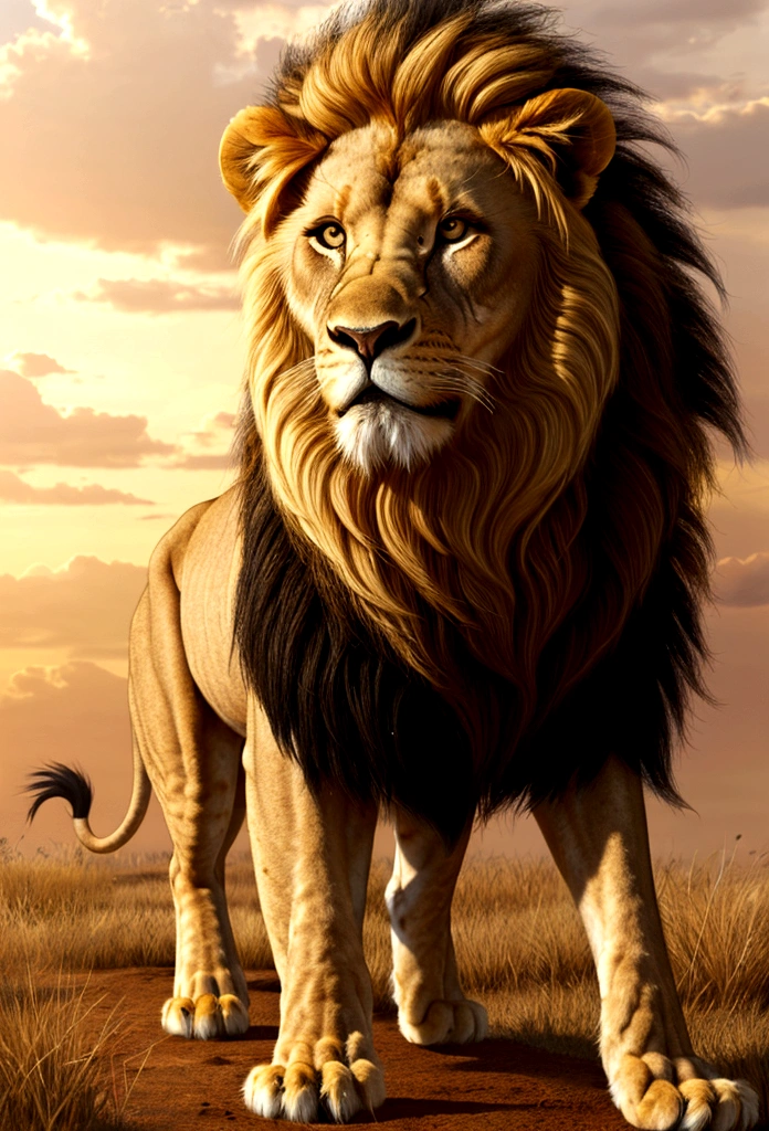 Create an illustration of a Lion, brave lion, main character of the story. Draw a young and friendly lion with a golden mane., Standing in the African savannah with a determined look.