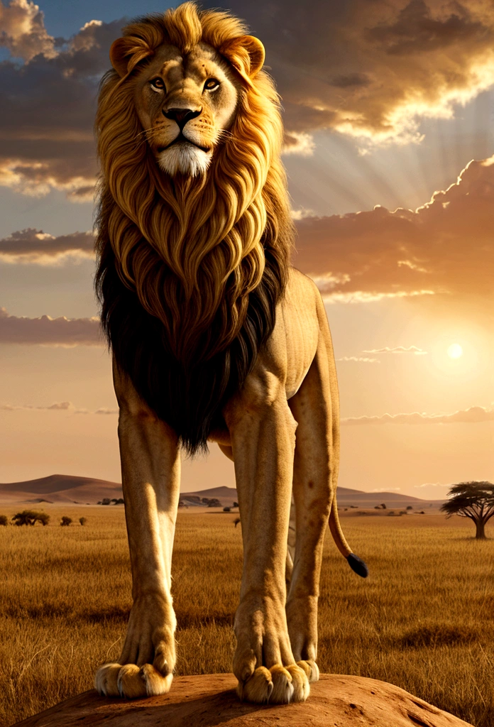 Create an illustration of a Lion, brave lion, main character of the story. Draw a young and friendly lion with a golden mane., Standing in the African savannah with a determined look.