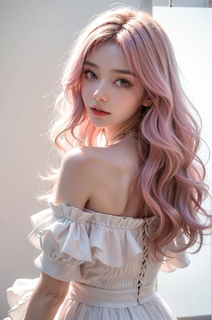 Light pink hair, Pink Eyes, Pink and white, Vibrant colors, White Dress, Paint splashes, Simple Background, Ray Tracing, Wavy Hair