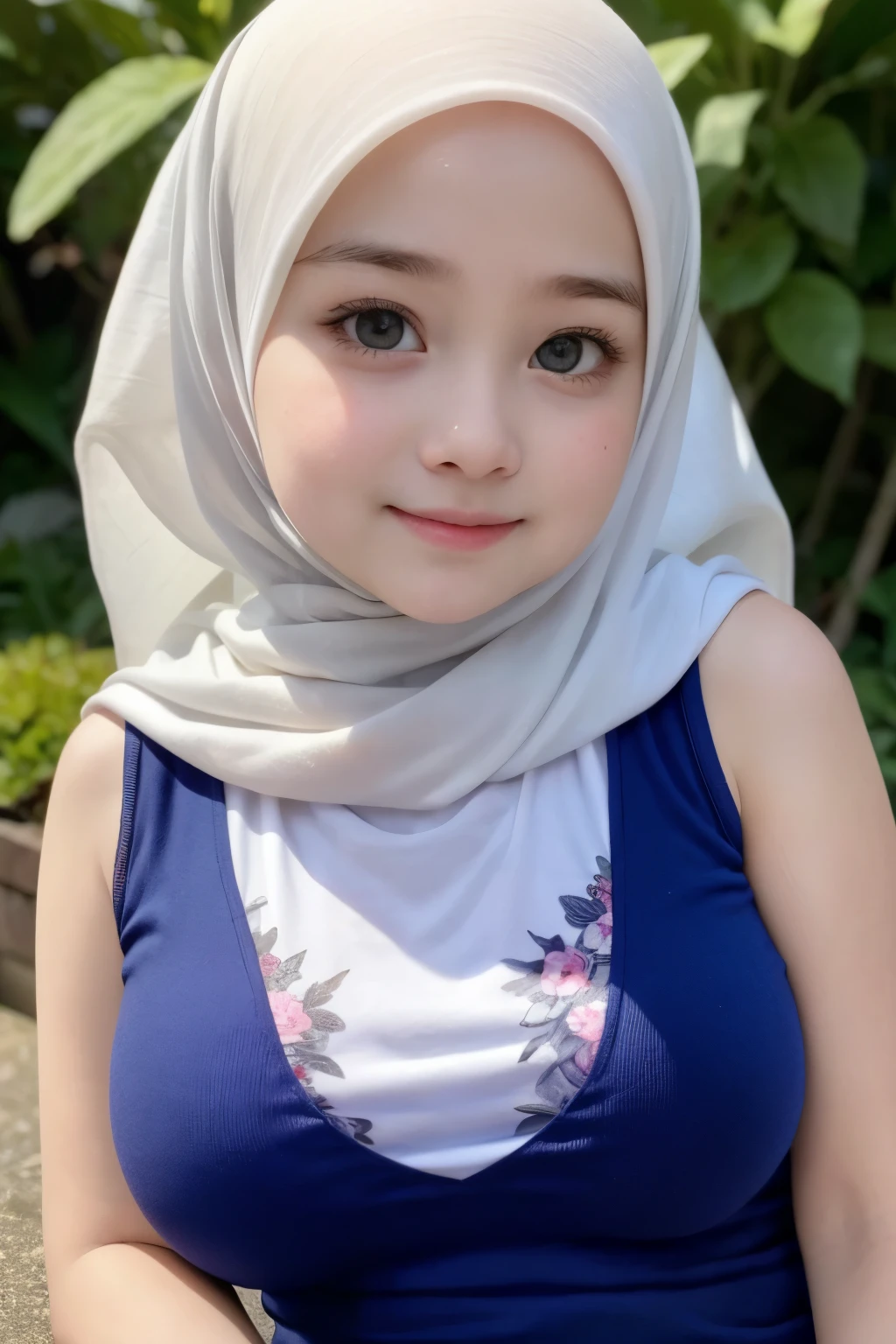 (Singlet), Chubby adorable, 1 girl, (face to face), , baby face, happy, half body portrait, (face details: 1), (eye details: 1), ((big breasts)). wearing transparent transparency soft long shirt, hijab, .. Cute posed. proportional body. Ultra High Res. realistic: 1.4, UHD, (floral pattern), view from side seductive pose