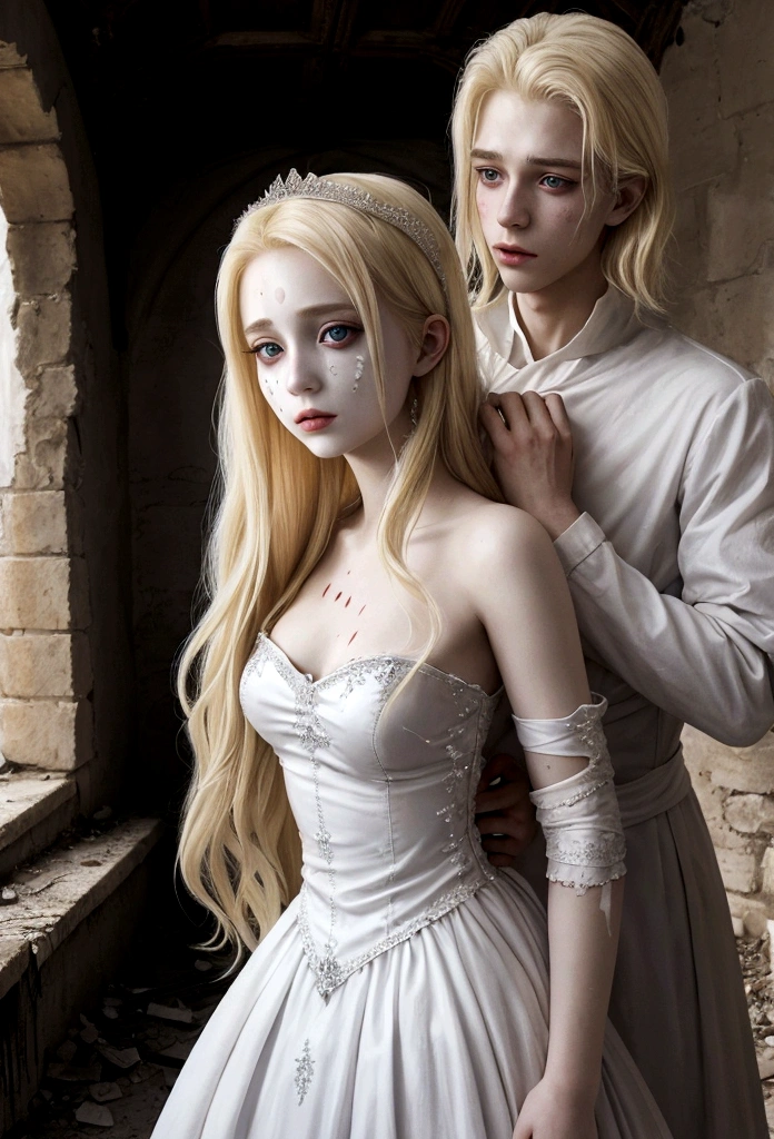 the ghost of a blonde princess, 20 years old, wearing a white dress.  her beauty is combined with the horror of the wounds on her face and body.  he was standing in an abandoned castle.  terrible atmosphere.