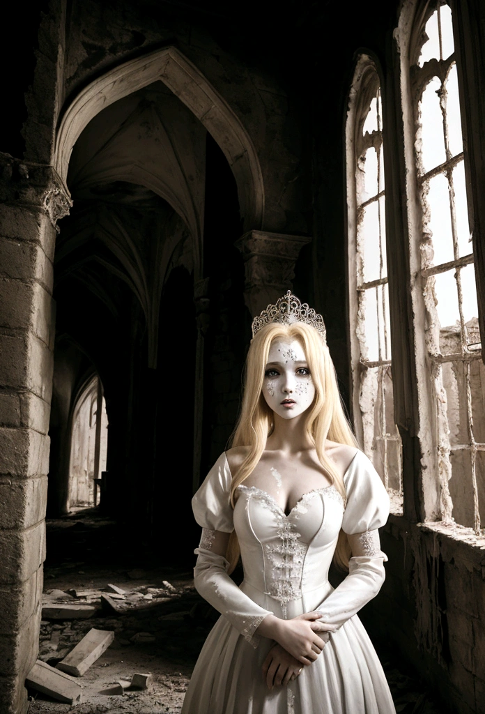 the ghost of a blonde princess, 20 years old, wearing a white dress. her beauty is combined with the horror of the wounds on her face and body. he was standing in an abandoned castle. terrible atmosphere.