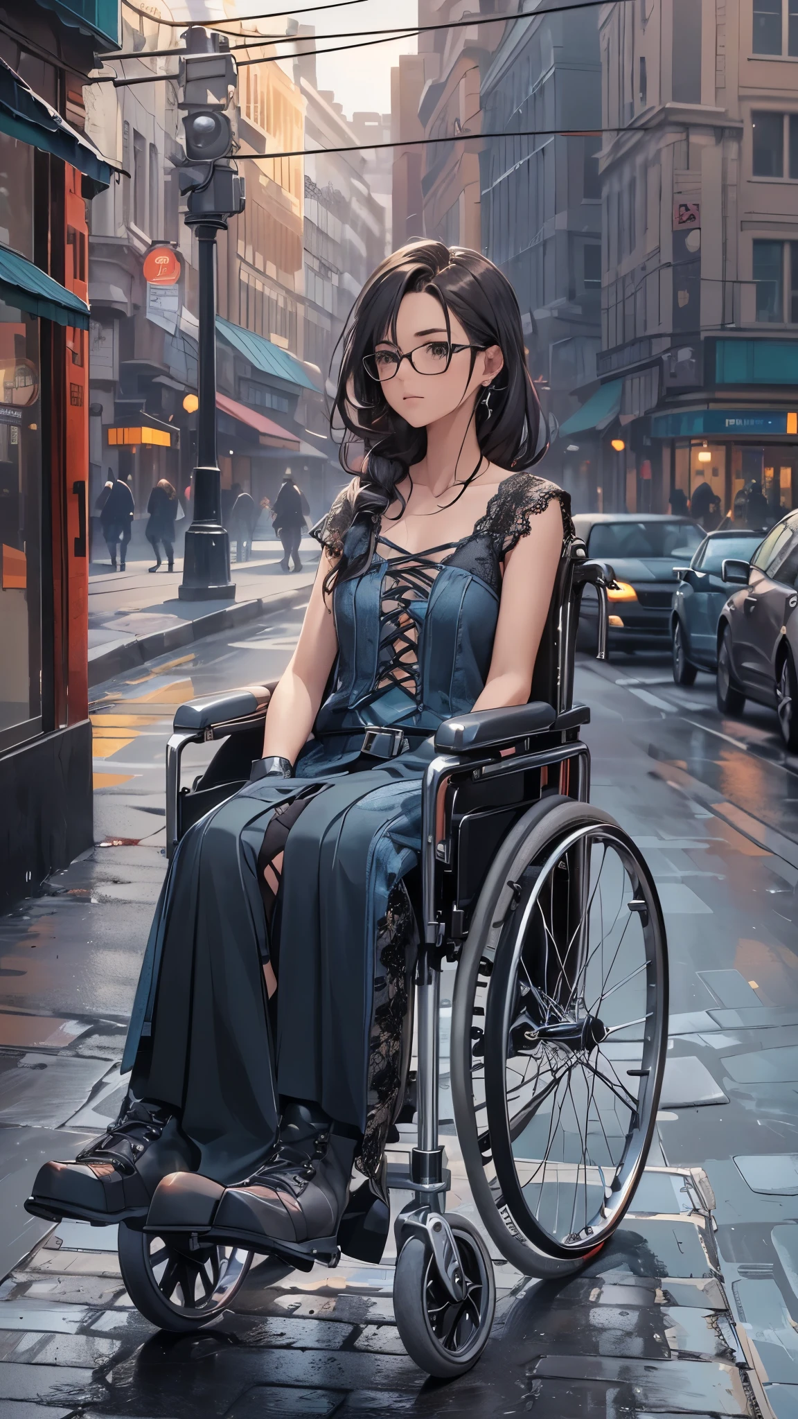 (Very detailed, Realistic), Cityscape, [moderately:Oil], [Professional:1.1], [Physically Based Rendering], [Bright colors], [Sharp focus], [Studio Lighting], [Extreme Detail], [Highest quality,4K,8K,High resolution,masterpiece:1.2],(Detailed face),((inside the street)),((there is many peoples in the street)),((One 18-year-old woman)),(Glasses),(Black unkempt hair),(dark),(it hurts),(Scary),[Nervous eyes],((many peoples are watching her of wheelchair user)), ((many peoples are watching her of wheelchair user)),((She walks with crutches,Crutch length from armpit,Crutches are at her side)),((she’s putting on her legs in cast)),((leg braces)),((leg braces)),((she’s wheelchair user)),((Her feet are turned inwards)),(winter clothes ladies fashion,trench coat,tights),((lace-up-long-boots)),(gloves,Knee pads),.