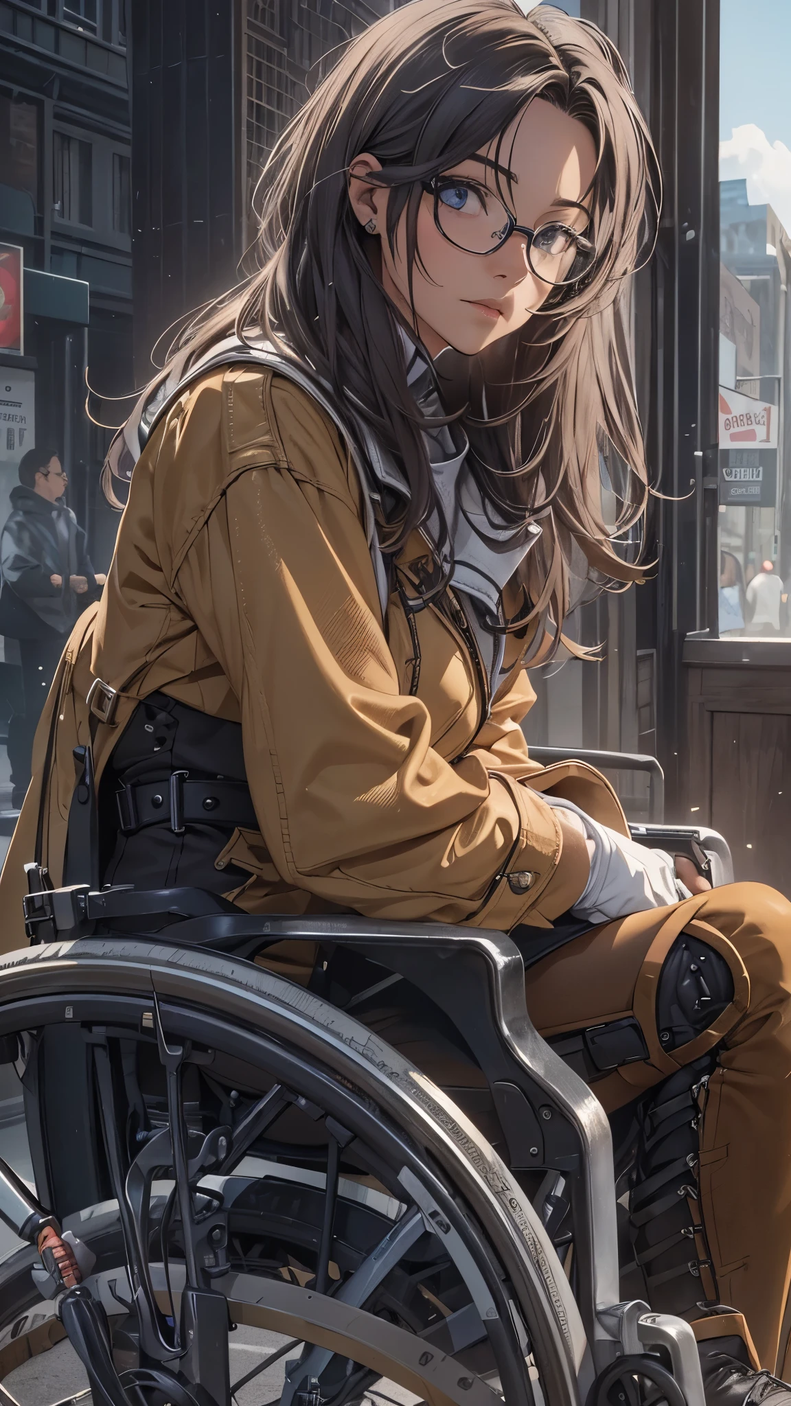 (Very detailed, Realistic), Cityscape, [moderately:Oil], [Professional:1.1], [Physically Based Rendering], [Bright colors], [Sharp focus], [Studio Lighting], [Extreme Detail], [Highest quality,4K,8K,High resolution,masterpiece:1.2],(Detailed face),((inside the street)),((there is many peoples in the street)),((One 18-year-old woman)),(Glasses),(Black unkempt hair),(dark),(it hurts),(Scary),[Nervous eyes],((many peoples are watching her of wheelchair user)), ((many peoples are watching her of wheelchair user)),((She walks with crutches,Crutch length from armpit,Crutches are at her side)),((she’s putting on her legs in cast)),((leg braces)),((leg braces)),((she’s wheelchair user)),((Her feet are turned inwards)),(winter clothes ladies fashion,trench coat,tights),((lace-up-long-boots)),(gloves,Knee pads),.