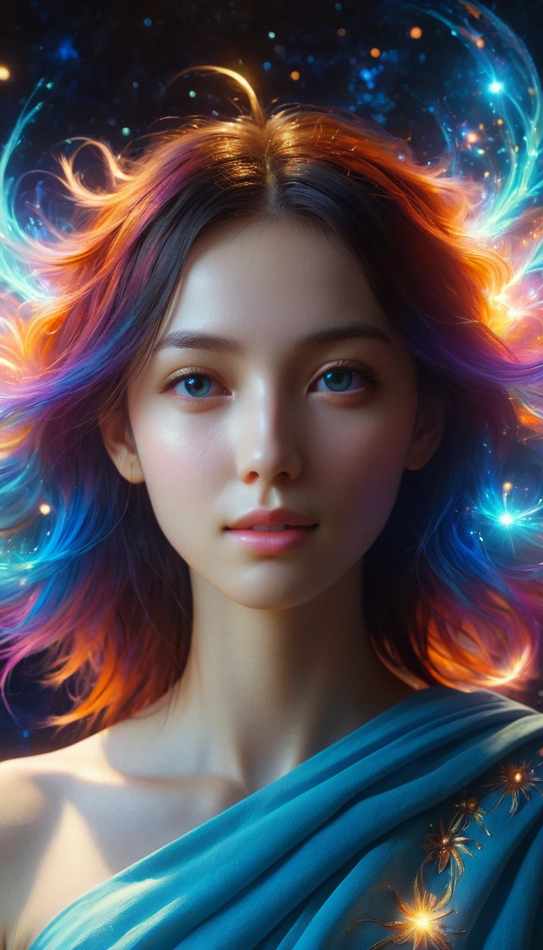 ((Highest quality)), ((masterpiece)), ((Realistic)), Portraiture, One girl, Celestial, god, 女god, Particles of light, Hello, View your viewers, (Bioluminescenceする:0.95) inflammation, Bioluminescence, Phoenix, Vibrant, colorful, color, (shine, shine), (Beautiful composition), Cinematic lighting, Complex, (Symmetric: 0.5), Whimsical, Alien planets