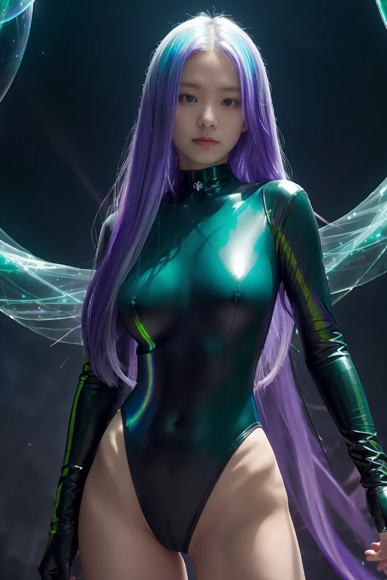 Masterpiece, best quality, 1girl, with long flowing iridescent hair in shades of purple, blue, and green, wearing a sleek black bodysuit, standing in a dramatic pose with one hand on her hip and the other holding a glowing, magical crystal ball. In the background, a swirling vortex of light and energy adds to the mysterious and enchanting atmosphere of the scene. glow hair, multicolor hair