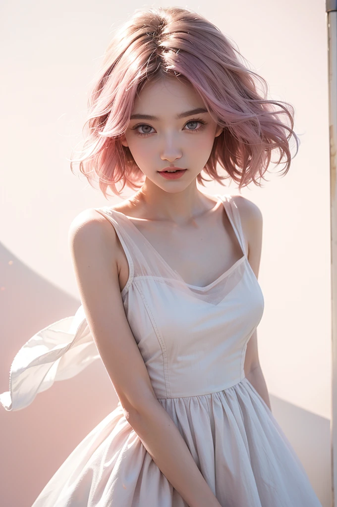 Light pink hair, Pink Eyes, Pink and white, Vibrant colors, White Dress, Paint splashes, Simple Background, Ray Tracing, short hair