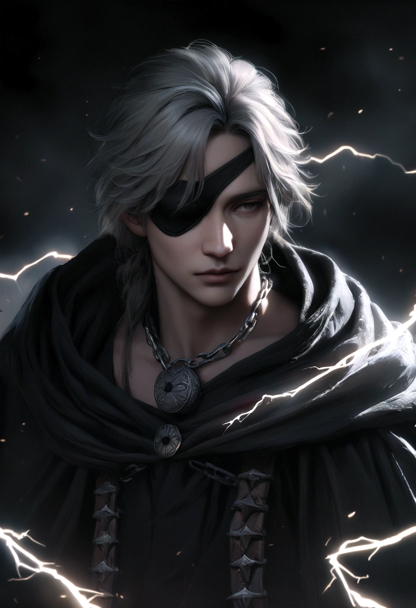 Anime character, a man, medieval era. Young man, 20 years old, large body, cold gaze, cold expression, messy short gray hair, ponytail, left eye patch, black clothes, black shirt, dark cape with hood, chains. front camera, advancing in a sea of ​​blood. white electricity emanating from his body, black electricity emanating from his left hand. Right eye shining in a white ray. Thunderous white lightning. Cinematic lighting, highly detailed, hyper realistic, 8k, dark fantasy, dramatic moody lighting, grim dark, muted color palette