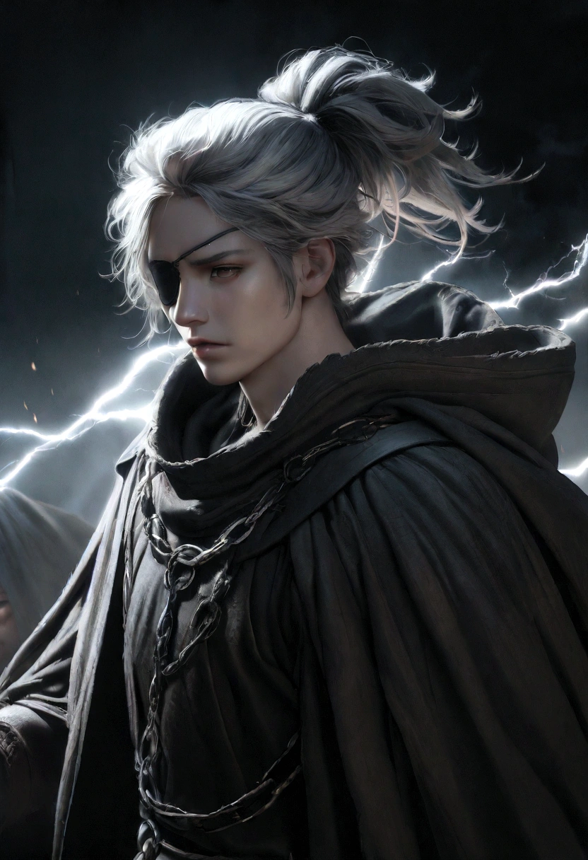 Anime character, a man, medieval era. Young, 20 years old, large body, cold expression, fierce gaze. White beauty, short and messy gray hair, ponytail, left eye patch, black clothes, black shirt, dark cape with hood, chains. front camera, half body. In the middle of the moonlight, wind blowing through your hair, in the forest between a ruined temple.