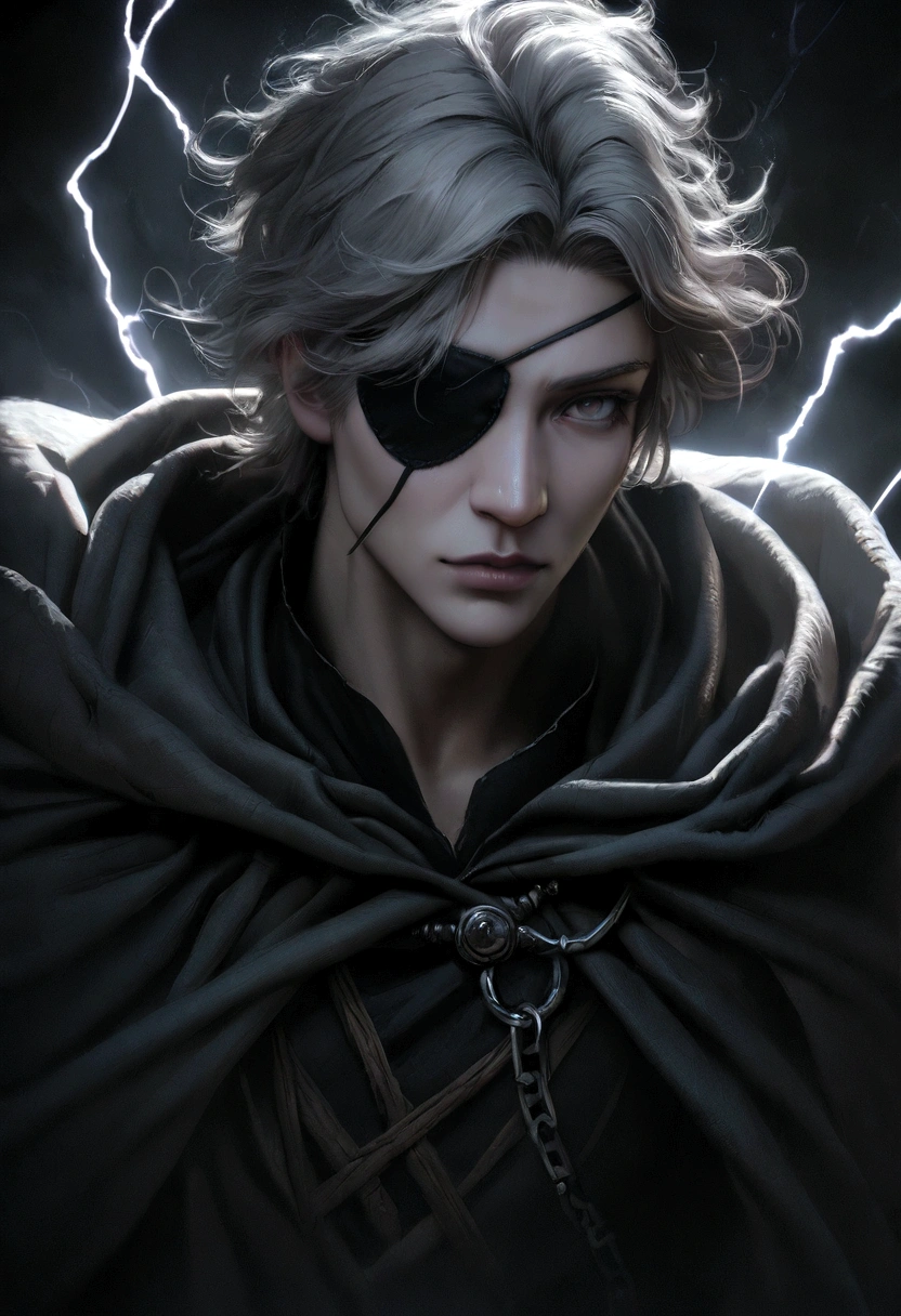 Anime character, a man, medieval era. Young man, 20 years old, large body, cold gaze, cold expression, messy short gray hair, ponytail, left eye patch, black clothes, black shirt, dark cape with hood, chains. front camera, advancing in a sea of blood. white electricity emanating from his body, black electricity emanating from his left hand. Right eye shining in a white ray. Thunderous white lightning. Cinematic lighting, highly detailed, hyper realistic, 8k, dark fantasy, dramatic moody lighting, grim dark, muted color palette