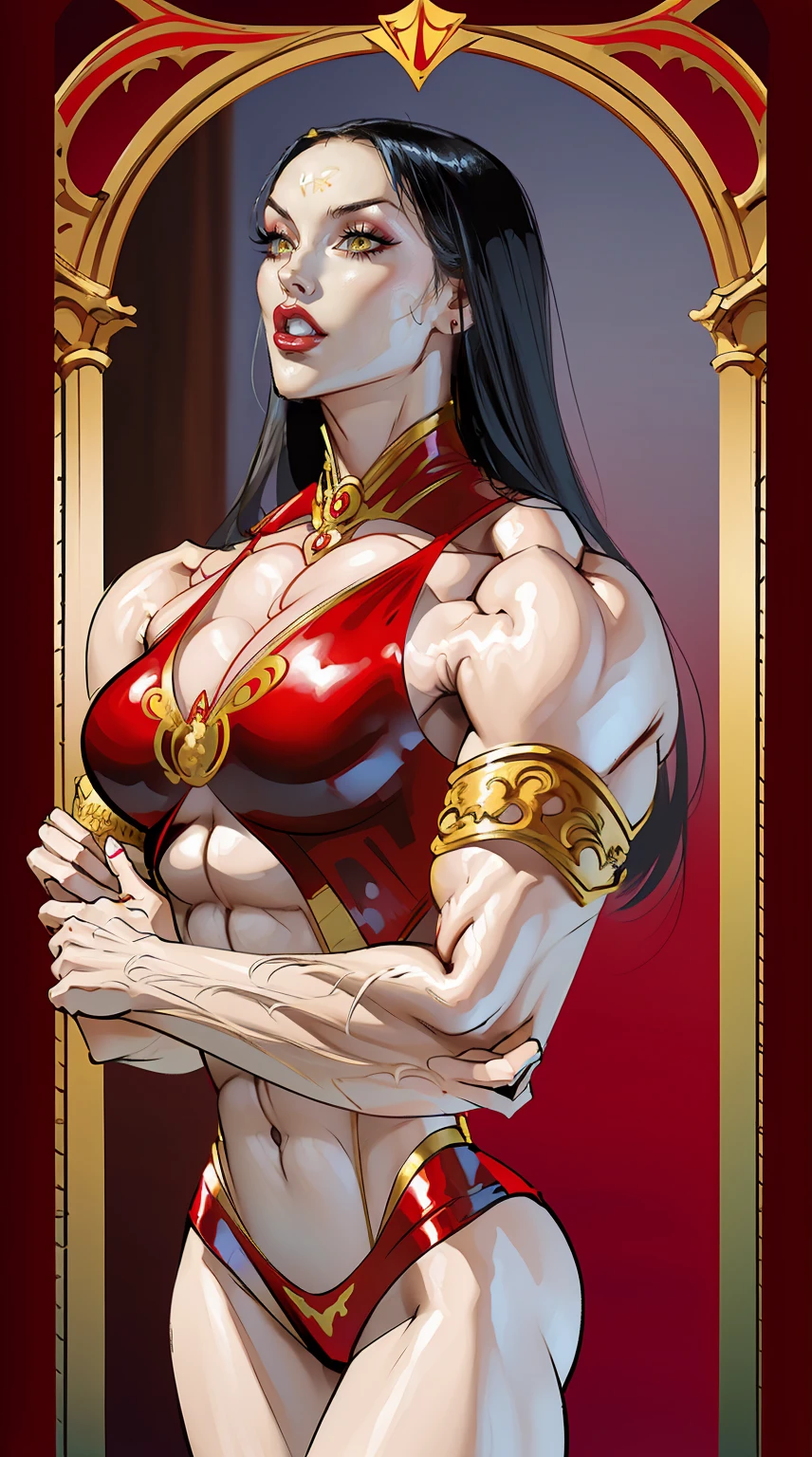 (megan fox:1.25), (muscular:1.5), (full body view:1.25), (masterpiece:1.1), (best quality:1.1), (ornate:1.1), (red and black armor:1.26), (horror:1.0), (esoteric:1.1), (solo:1.4), (dynamic angle:1.0), (cowboy shot:1.0), (woman:1.1),(very muscular bodybuilder girl:1.25), (huge upper body:1.25), (narrow hips:1.0), long hair, (gothic intricate vampiric armor:1.25), (gauntlets:1.0), (shoulder armor:1.1), ((tarot style frame:1.25)), (glowing red eyes:1.25), (huge muscular arms:1.5,), (10-pack abs:1.4), (lots of veins:1.25), thin legs, Realistic, Very detailed face and eyes, masterpiece, (beautiful girl face:1.25)