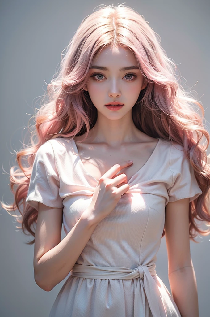 Light pink hair, Pink Eyes, Pink and white, Vibrant colors, White Dress, Paint splashes, Simple Background, Ray Tracing, Wavy Hair