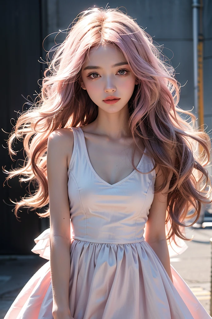 Light pink hair, Pink Eyes, Pink and white, Vibrant colors, White Dress, Paint splashes, Simple Background, Ray Tracing, Wavy Hair