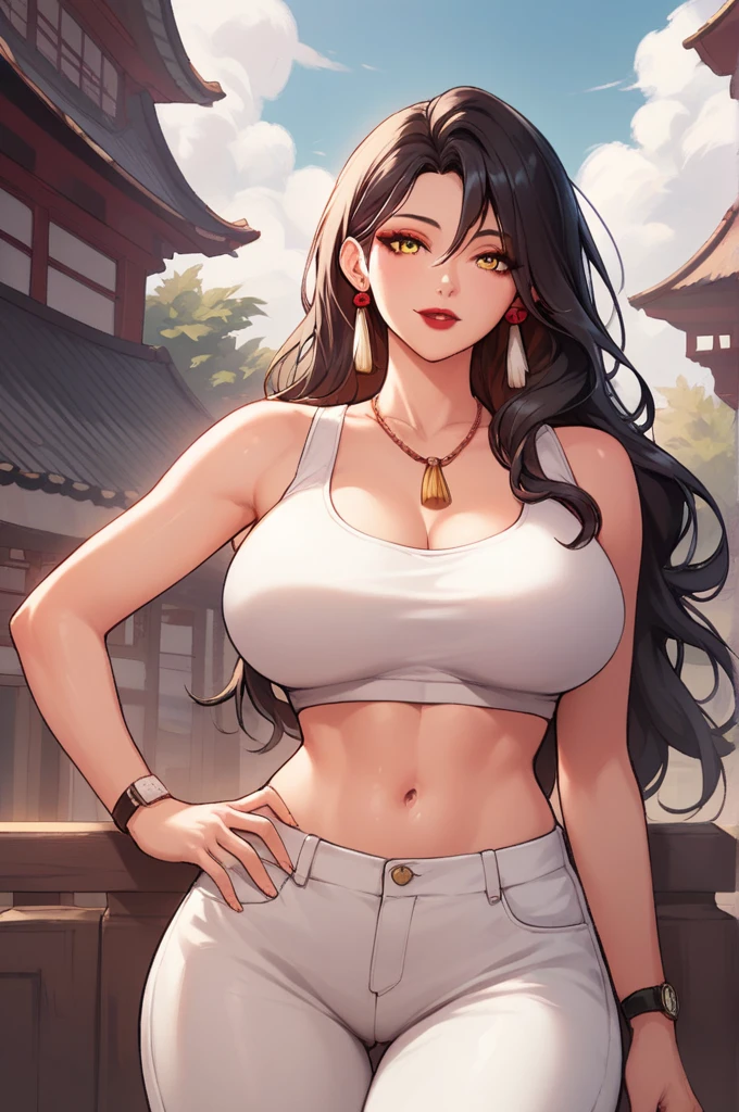 black hair,yellow eyes,(high quality eyes),masterpiece, best quality, high quality, highres, outdoors, looking at viewer, white shirt, crop top, midriff, navel, white pants, Jenny, tall female,big breasts, tassel earrings,
Red lipstick,wrist watch, delicate necklace,sikver bracelet,hands