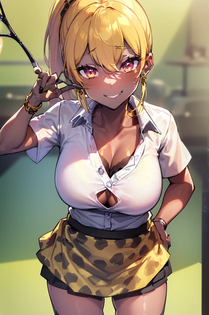 {masterpiece, distinct_image, extremely detailed CG, beautiful eyes and detailed face,realistic, photo realistic, 4k, 8k, high_resolution,perfect_finger, (beautiful_detailed_eyes:1.3), glitter, white_light, (glow_white_face, front_light:1.3), summer_light{1girl, face_focus,cowboy_shot, looking for_in_viewer, standing, hand_on_own_cheek, (piece sign pose:1.6) },{adult, (huge_breasts, wide_hip:1.3), navel, skinny_stomach,tight_gap, groin, (narrow_waist:1.2), skinny_stomach, (white_short_sleeve_Cropped_top_button_shirt, tied_the_ends_of_the_shirt, sky_blue_short_tennis_skirt, school_uniform, cleavage, (The_most_perfectly_hidden_yellow_leopard_print_bra_in_a_white shirt:1.7),(The_most_perfectly_hidden_yellow_leopard_print_panties_in_sky_blue_short_tennis_skirt:1.4), (tanning_skin, black_skin:1.6), pink_nails, gold earrings, black neck choke, white collar, golden bracelet :1.5),(yellow_hair, pink_eyes, long_hair, ponytail, slanted_eyes, bangs:1.4), (smiling face:1.3), sweat, Leave the background blank}