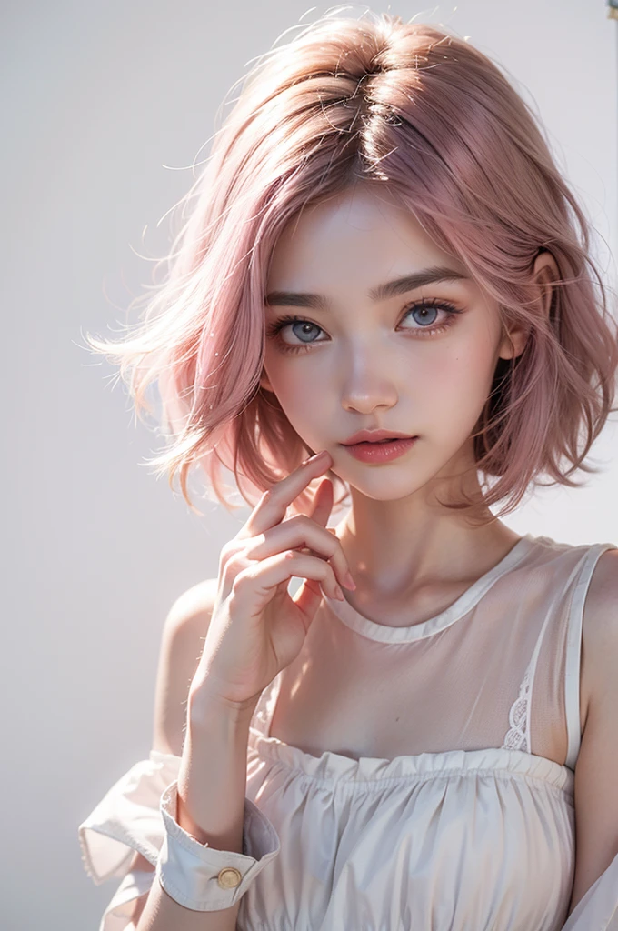 Light pink hair, Pink Eyes, Pink and white, Vibrant colors, White Dress, Paint splashes, Simple Background, Ray Tracing, short hair