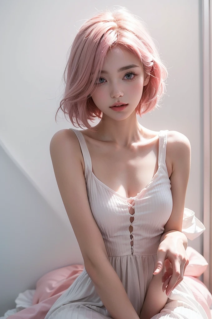 Light pink hair, Pink Eyes, Pink and white, Vibrant colors, White Dress, Paint splashes, Simple Background, Ray Tracing, short hair