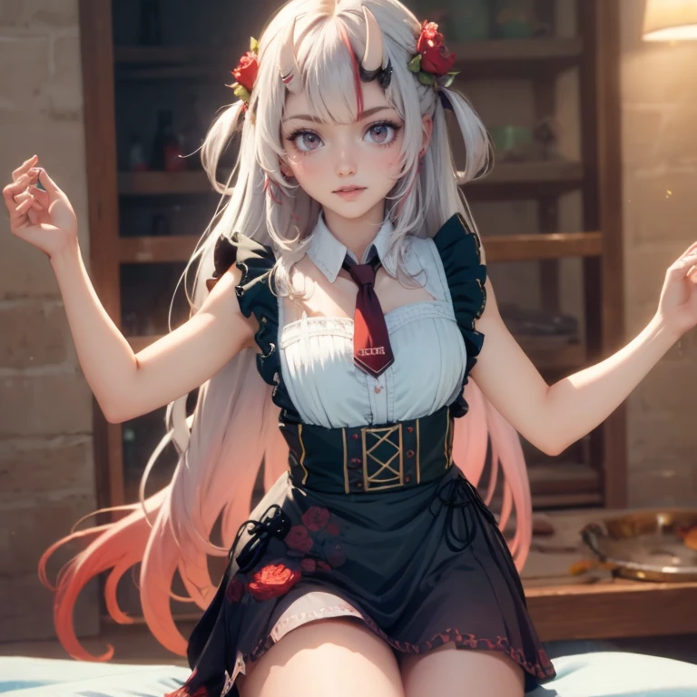 1girl, long hair, long flowing hair, floating hair, ornament hair, perfectly body, perfectly hands, rose on hair, magenta rose on hair, 1 girl, Looking at the viewer, on the bed, flowing hair, Beautiful Eyes, Plump and glossy lips, maid maid dress, maid headdress, maid apron, white maid apron, white maid headdress, dress with too many frills, white dress, magenta laces, white Short skirt, small skirt, skirt with layers, Drape clothes, magenta gem, Lace trim, kitchen scenery, luxury gold details, gold jewelry, maid, maid dress, more details, best quality, Big sparkling eyes, blushing, Striped Lace Stockings, white Lolita skirt, sparkle, solo, centered girl, firefly, cowboy shot, perfectly body, perfectly hands, two arms, two legs, two hands, five fingers, perfect ???????, glowing hair, magenta roses, on the bedroom, laying down on the bed, more details on her clothes, dress with transparency, golden details on her dress, bedroom , close legs, ((4k, masterpiece, top-quality)), 8k, best quality, high resolution, UHD, (illustration:0.8), super cute girl, delicate and beautiful face, mature girl, super cute hairstyle, (beautiful detailed eyes:1.6), extremely detailed face, perfect lighting, extremely detailed CG, (perfect hands, perfect ???????), Best quality, cleavage