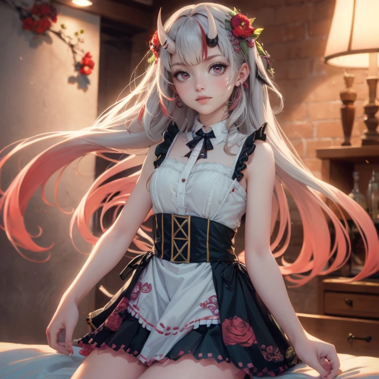 1girl, long hair, long flowing hair, floating hair, ornament hair, perfectly body, perfectly hands, rose on hair, magenta rose on hair, 1 girl, Looking at the viewer, on the bed, flowing hair, Beautiful Eyes, Plump and glossy lips, maid maid dress, maid headdress, maid apron, white maid apron, white maid headdress, dress with too many frills, white dress, magenta laces, white Short skirt, small skirt, skirt with layers, Drape clothes, magenta gem, Lace trim, kitchen scenery, luxury gold details, gold jewelry, maid, maid dress, more details, best quality, Big sparkling eyes, blushing, Striped Lace Stockings, white Lolita skirt, sparkle, solo, centered girl, firefly, cowboy shot, perfectly body, perfectly hands, two arms, two legs, two hands, five fingers, perfect anatomy, glowing hair, magenta roses, on the bedroom, laying down on the bed, more details on her clothes, dress with transparency, golden details on her dress, bedroom , close legs, ((4k, masterpiece, top-quality)), 8k, best quality, high resolution, UHD, (illustration:0.8), super cute girl, delicate and beautiful face, mature girl, super cute hairstyle, (beautiful detailed eyes:1.6), extremely detailed face, perfect lighting, extremely detailed CG, (perfect hands, perfect anatomy), Best quality, cleavage