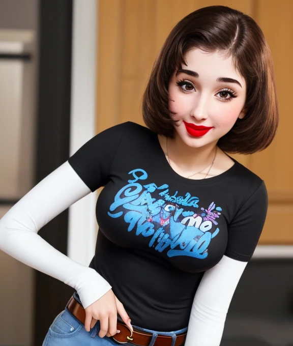 The face of pokimane, 1girl, solo, black t-shirt, white shirt, blue jeans, belt, lipstick, large breasts, short over long sleeves,