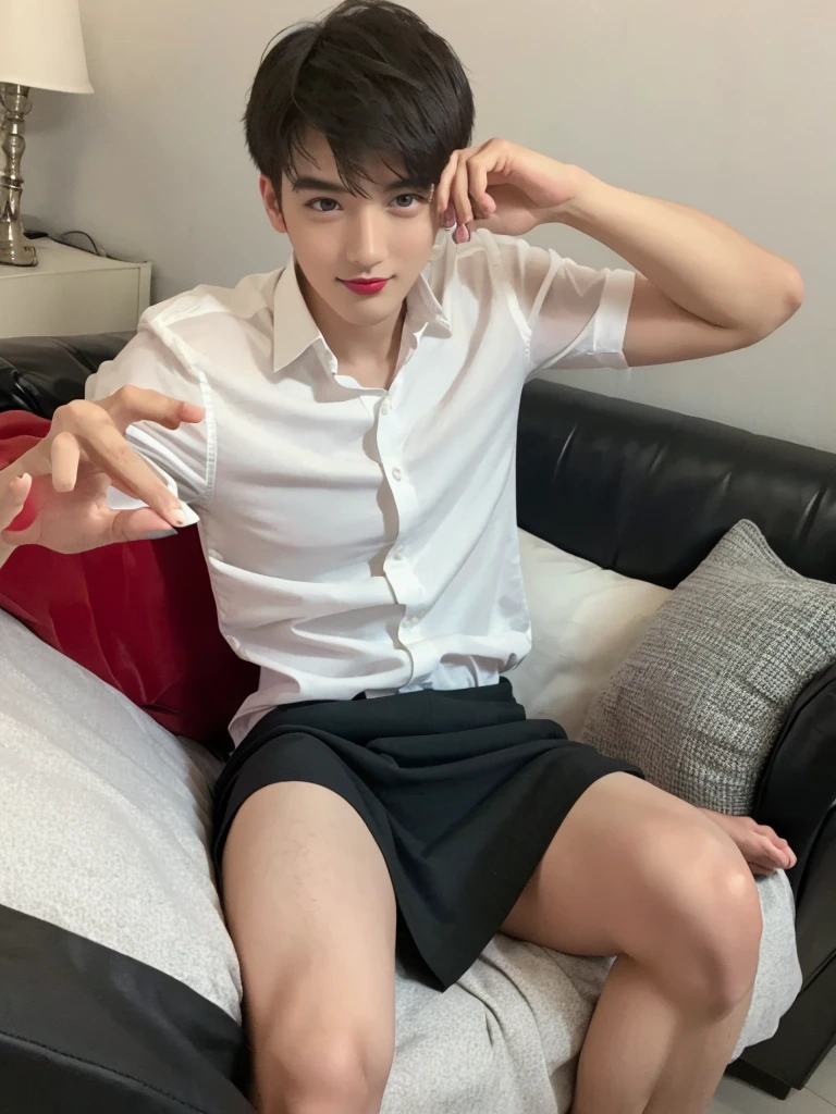 24-year-old handsome boy, beautiful boy, ???????????, best quality, lower body emphasis, red lipstick, manicure, pedicure, bed, sofa, slim, fair skin, looking at camera, black skirt, white shirt,Lower your right hand down