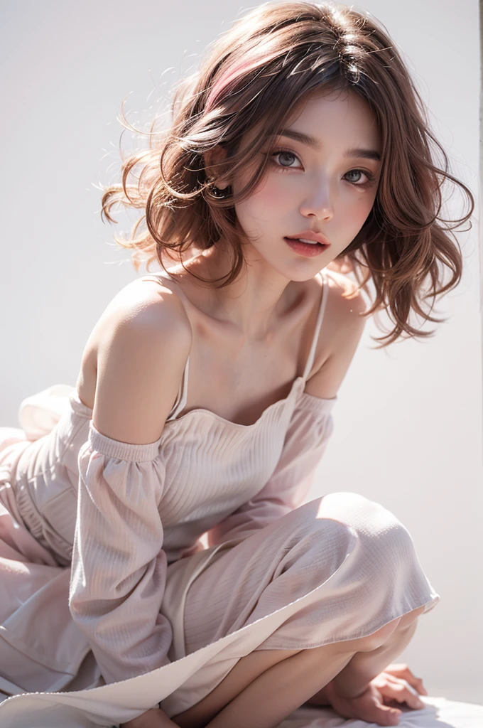 Light pink hair, Pink Eyes, Pink and white, Vibrant colors, White Dress, Paint splashes, Simple Background, Ray Tracing, Wavy Hair