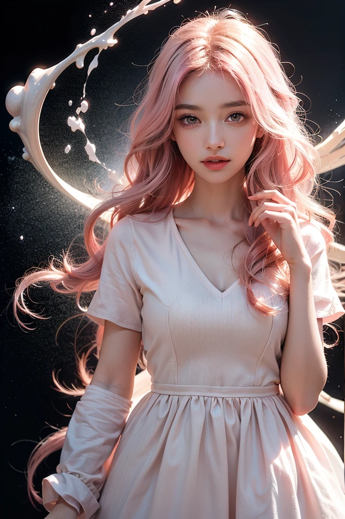 Light pink hair, Pink Eyes, Pink and white, Vibrant colors, White Dress, Paint splashes, Simple Background, Ray Tracing, Wavy Hair