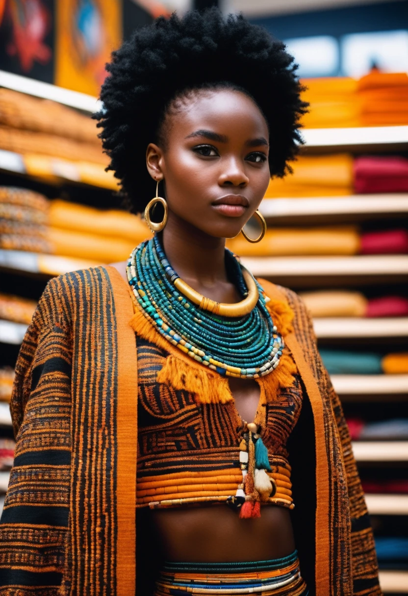 photo tres realiste ,8k utra ,fille noire ,africaine,dans un magasin