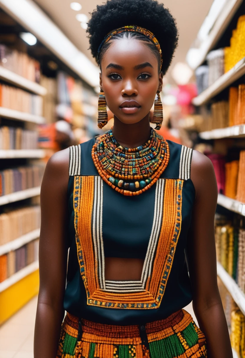 photo tres realiste ,8k utra ,fille noire ,africaine,dans un magasin