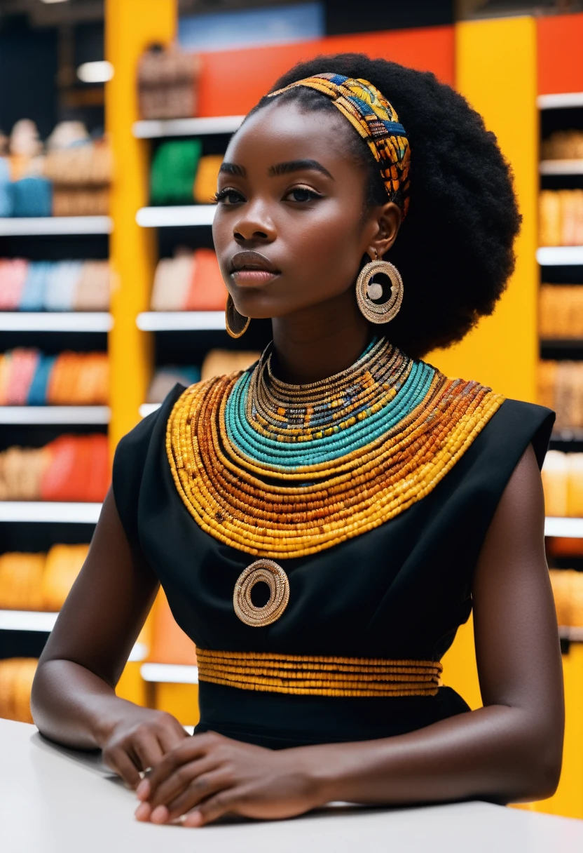 photo tres realiste ,8k utra ,fille noire ,africaine,dans un magasin