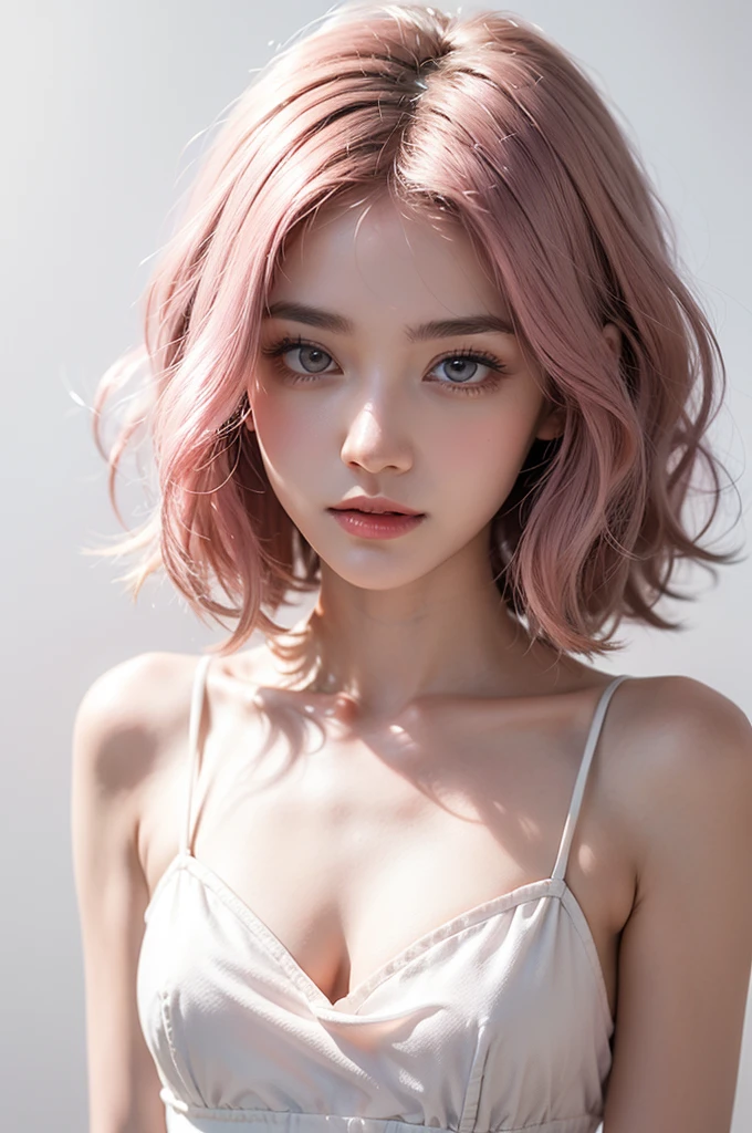 Light pink hair, Pink Eyes, Pink and white, Vibrant colors, White Dress, Paint splashes, Simple Background, Ray Tracing, short hair