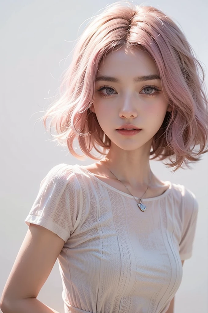 Light pink hair, Pink Eyes, Pink and white, Vibrant colors, White Dress, Paint splashes, Simple Background, Ray Tracing, short hair