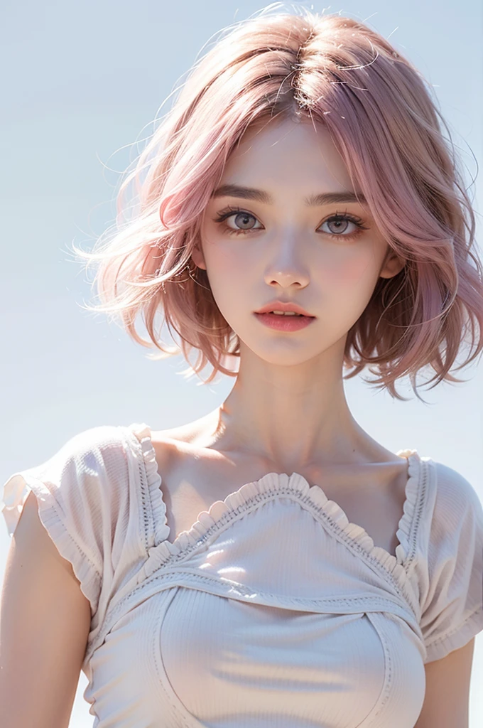 Light pink hair, Pink Eyes, Pink and white, Vibrant colors, White Dress, Paint splashes, Simple Background, Ray Tracing, short hair