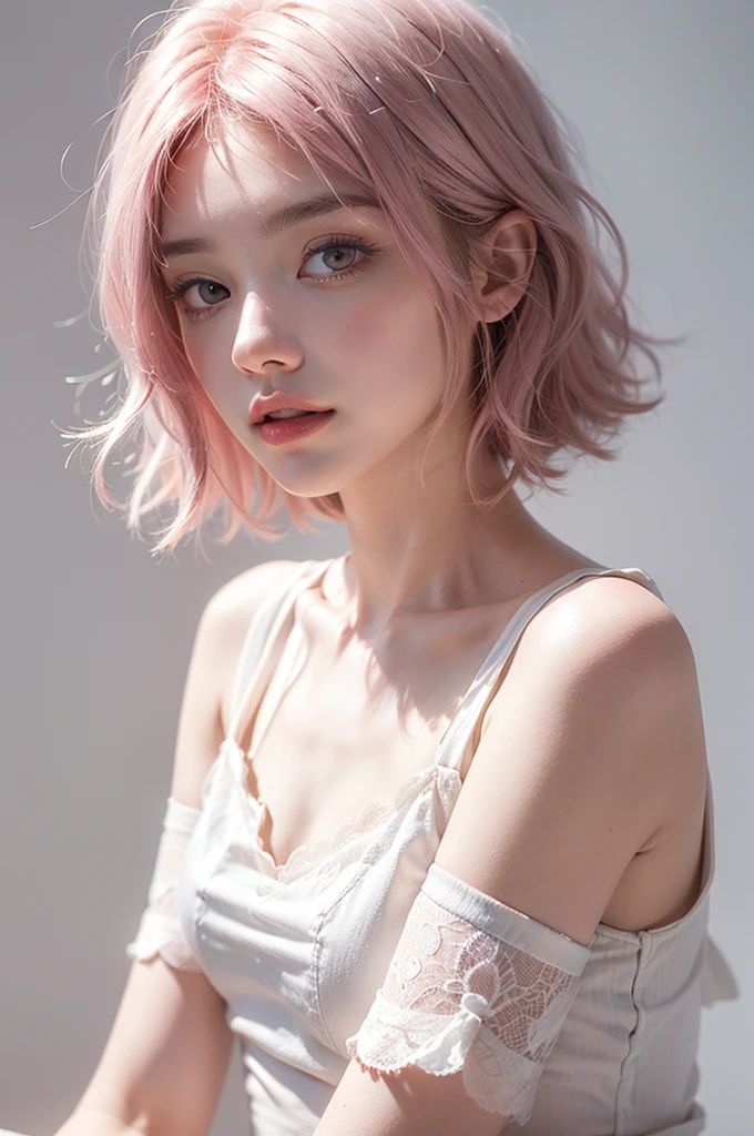 Light pink hair, Pink Eyes, Pink and white, Vibrant colors, White Dress, Paint splashes, Simple Background, Ray Tracing, short hair